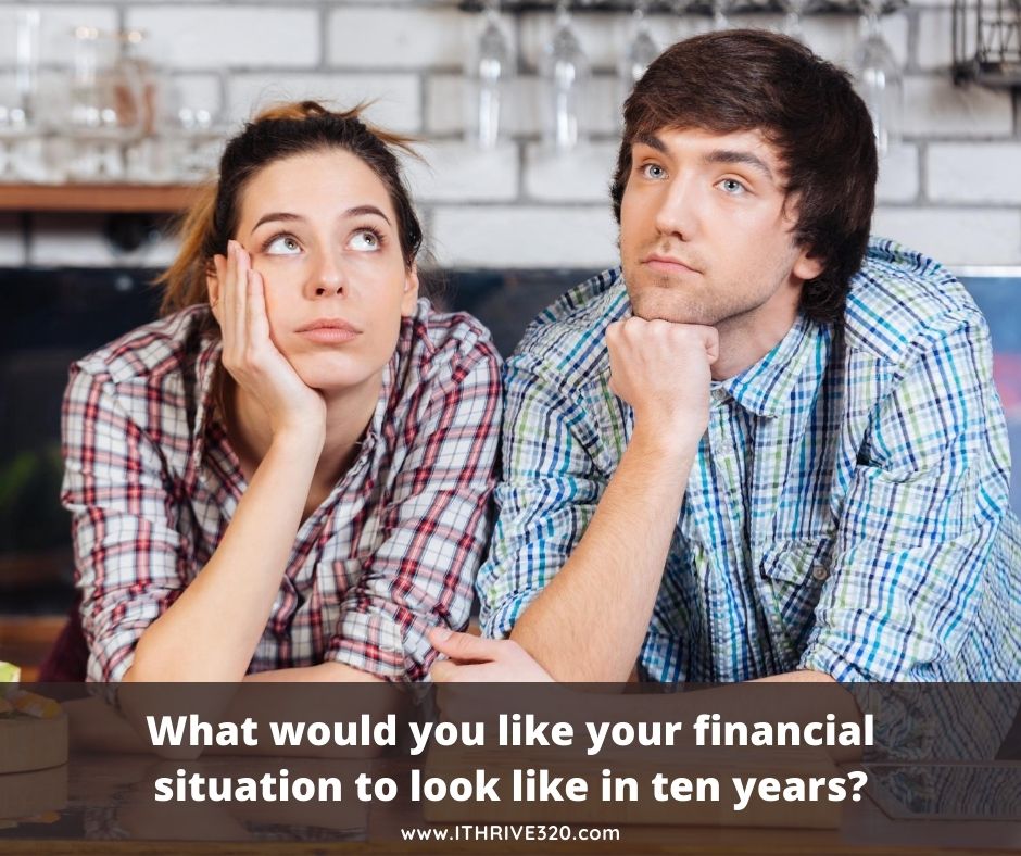 A couple in deep thought with the financial conversation starter, "What would you like your financial situation to look like in ten years?"