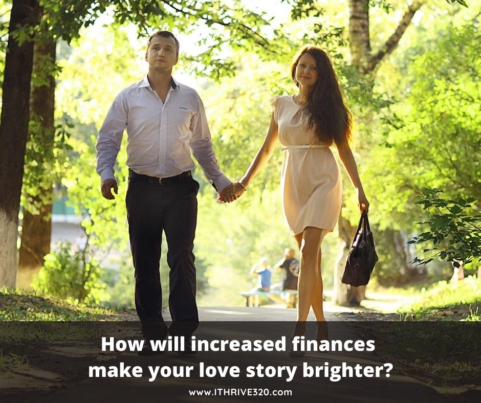 A couple holding hands and walking with the conversation starter about money that reads, "How will increased finances make your love story brighter?"